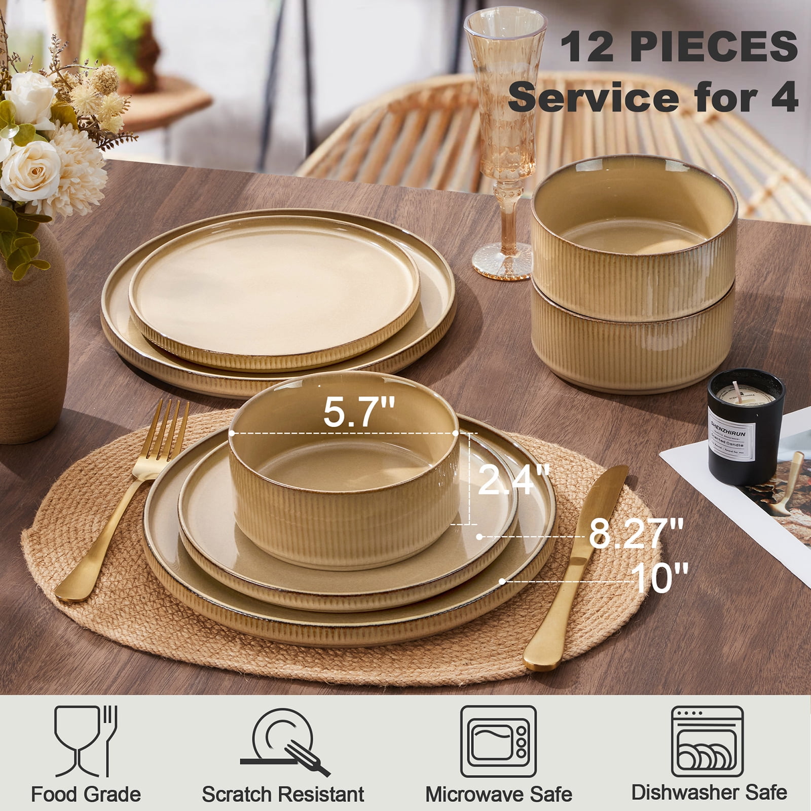 Vesteel 12 Pieces Dinnerware Set for 4, Premium Stoneware Ribbed Dishes, Chip & Scratch Resistant Plates and Bowls Set for Home Restaurant, Microwave and Dishwasher Safe - Speckled White - Image 25