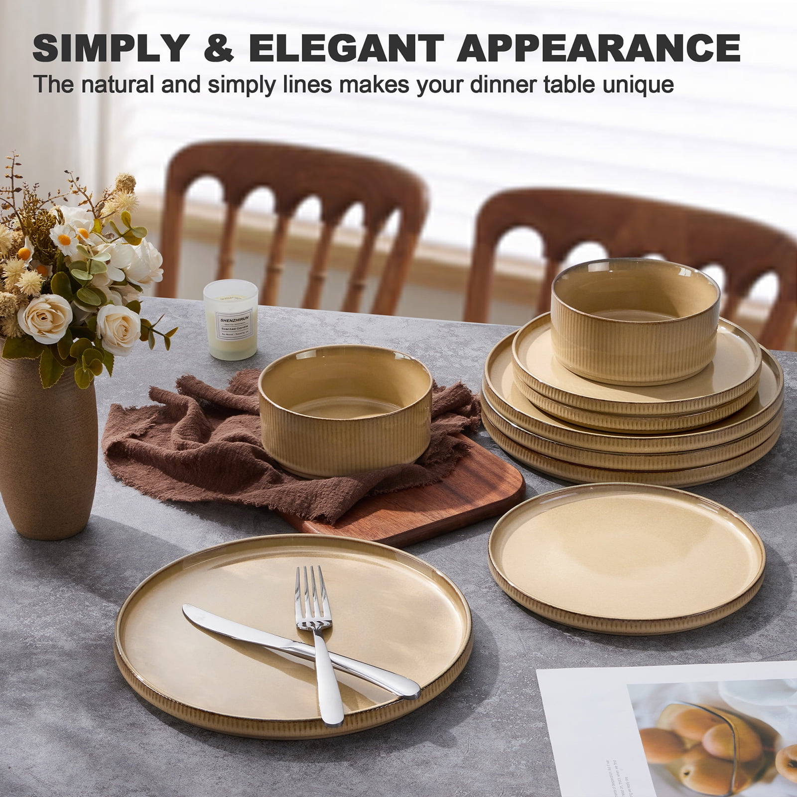 Vesteel 12 Pieces Dinnerware Set for 4, Premium Stoneware Ribbed Dishes, Chip & Scratch Resistant Plates and Bowls Set for Home Restaurant, Microwave and Dishwasher Safe - Speckled White - Image 26