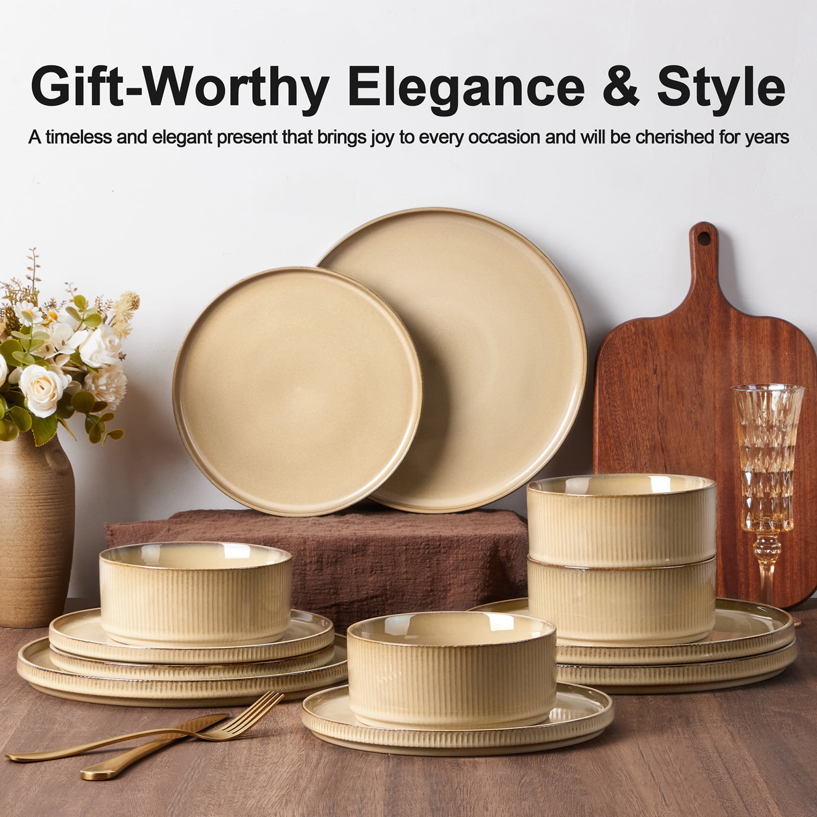 Vesteel 12 Pieces Dinnerware Set for 4, Premium Stoneware Ribbed Dishes, Chip & Scratch Resistant Plates and Bowls Set for Home Restaurant, Microwave and Dishwasher Safe - Speckled White - Image 27