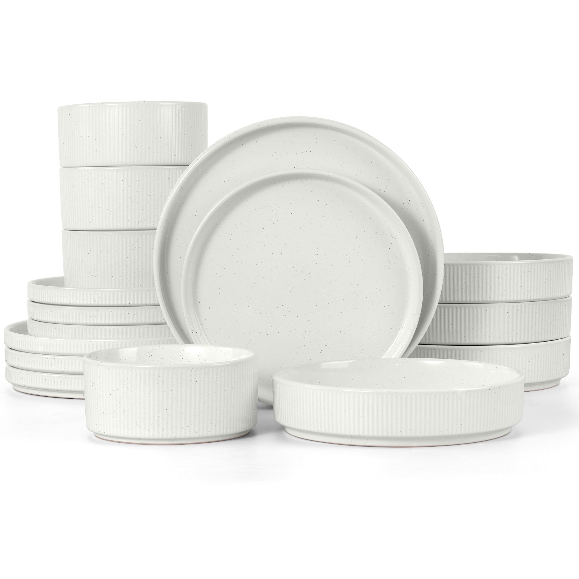 Vesteel 12 Pieces Dinnerware Set for 4, Premium Stoneware Ribbed Dishes, Chip & Scratch Resistant Plates and Bowls Set for Home Restaurant, Microwave and Dishwasher Safe - Speckled White - Image 28