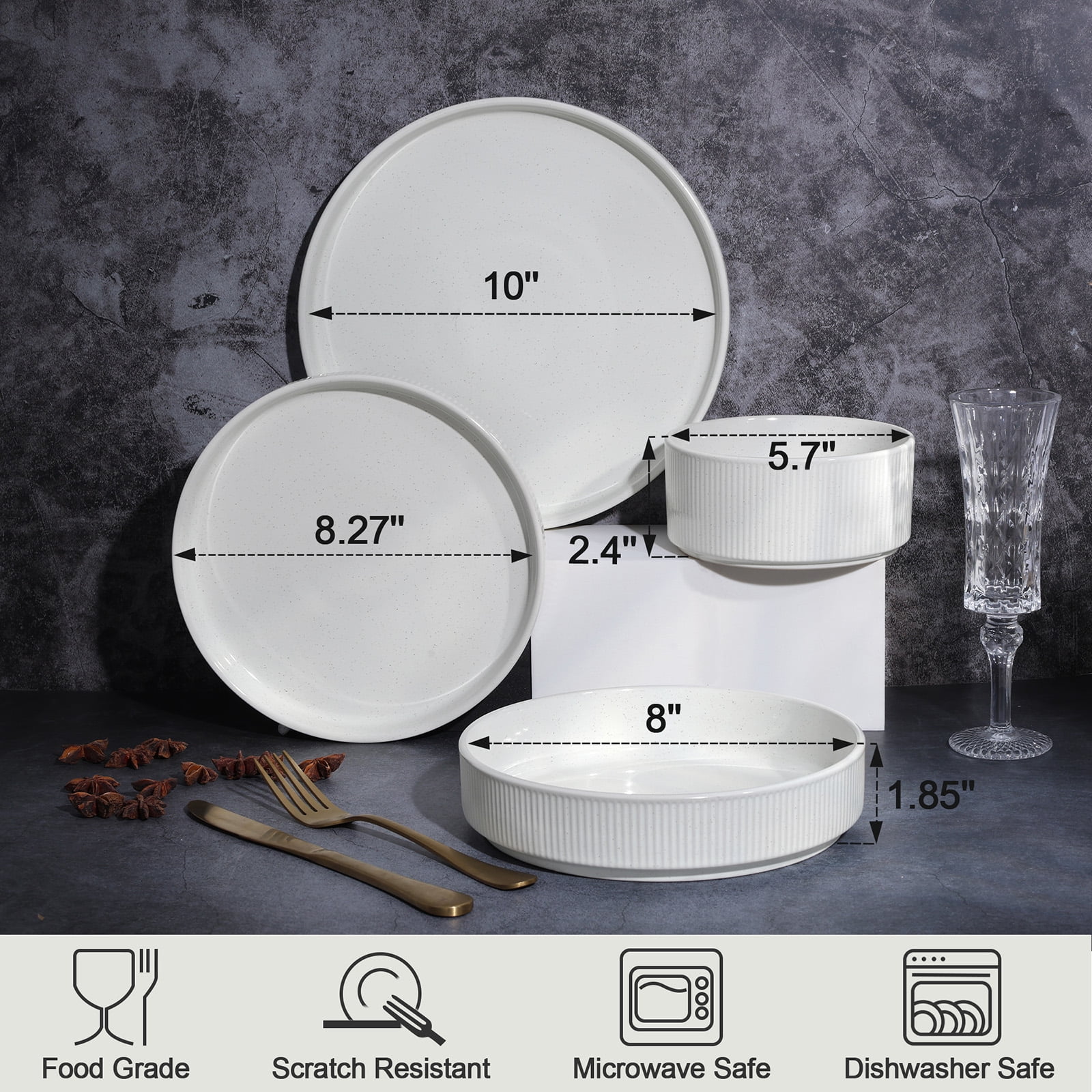 Vesteel 12 Pieces Dinnerware Set for 4, Premium Stoneware Ribbed Dishes, Chip & Scratch Resistant Plates and Bowls Set for Home Restaurant, Microwave and Dishwasher Safe - Speckled White - Image 29