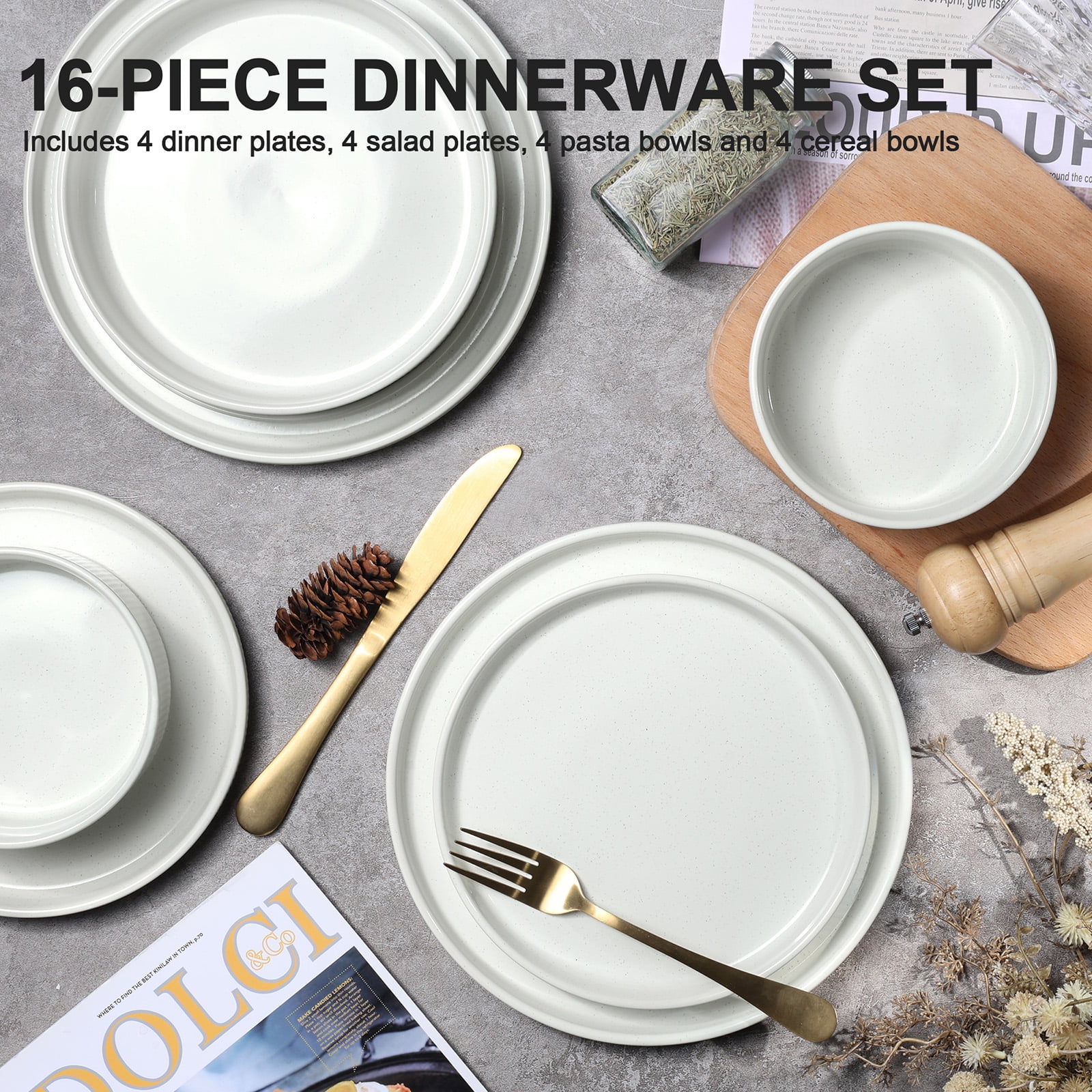 Vesteel 12 Pieces Dinnerware Set for 4, Premium Stoneware Ribbed Dishes, Chip & Scratch Resistant Plates and Bowls Set for Home Restaurant, Microwave and Dishwasher Safe - Speckled White - Image 30