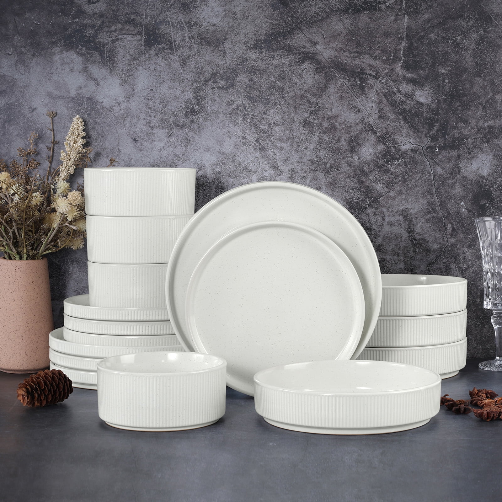 Vesteel 12 Pieces Dinnerware Set for 4, Premium Stoneware Ribbed Dishes, Chip & Scratch Resistant Plates and Bowls Set for Home Restaurant, Microwave and Dishwasher Safe - Speckled White - Image 32