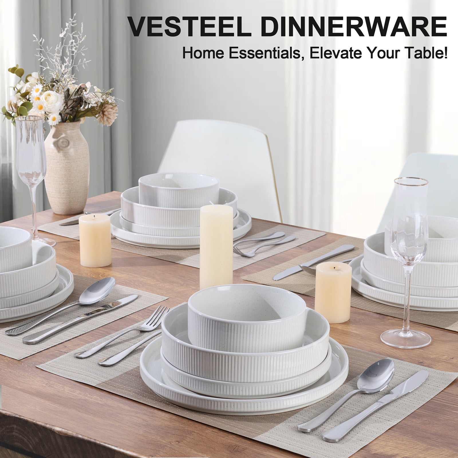 Vesteel 12 Pieces Dinnerware Set for 4, Premium Stoneware Ribbed Dishes, Chip & Scratch Resistant Plates and Bowls Set for Home Restaurant, Microwave and Dishwasher Safe - Speckled White - Image 33