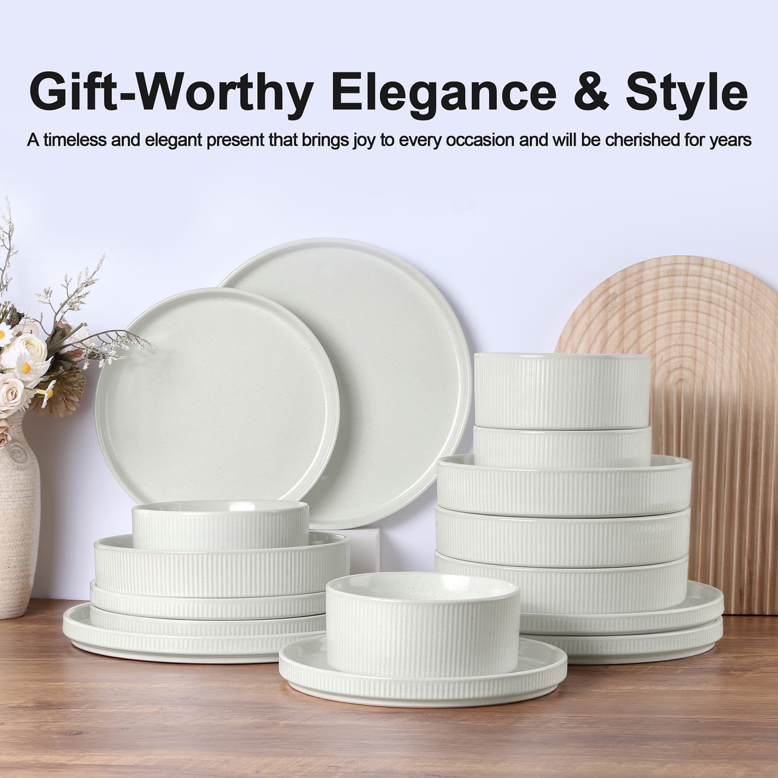 Vesteel 12 Pieces Dinnerware Set for 4, Premium Stoneware Ribbed Dishes, Chip & Scratch Resistant Plates and Bowls Set for Home Restaurant, Microwave and Dishwasher Safe - Speckled White - Image 34