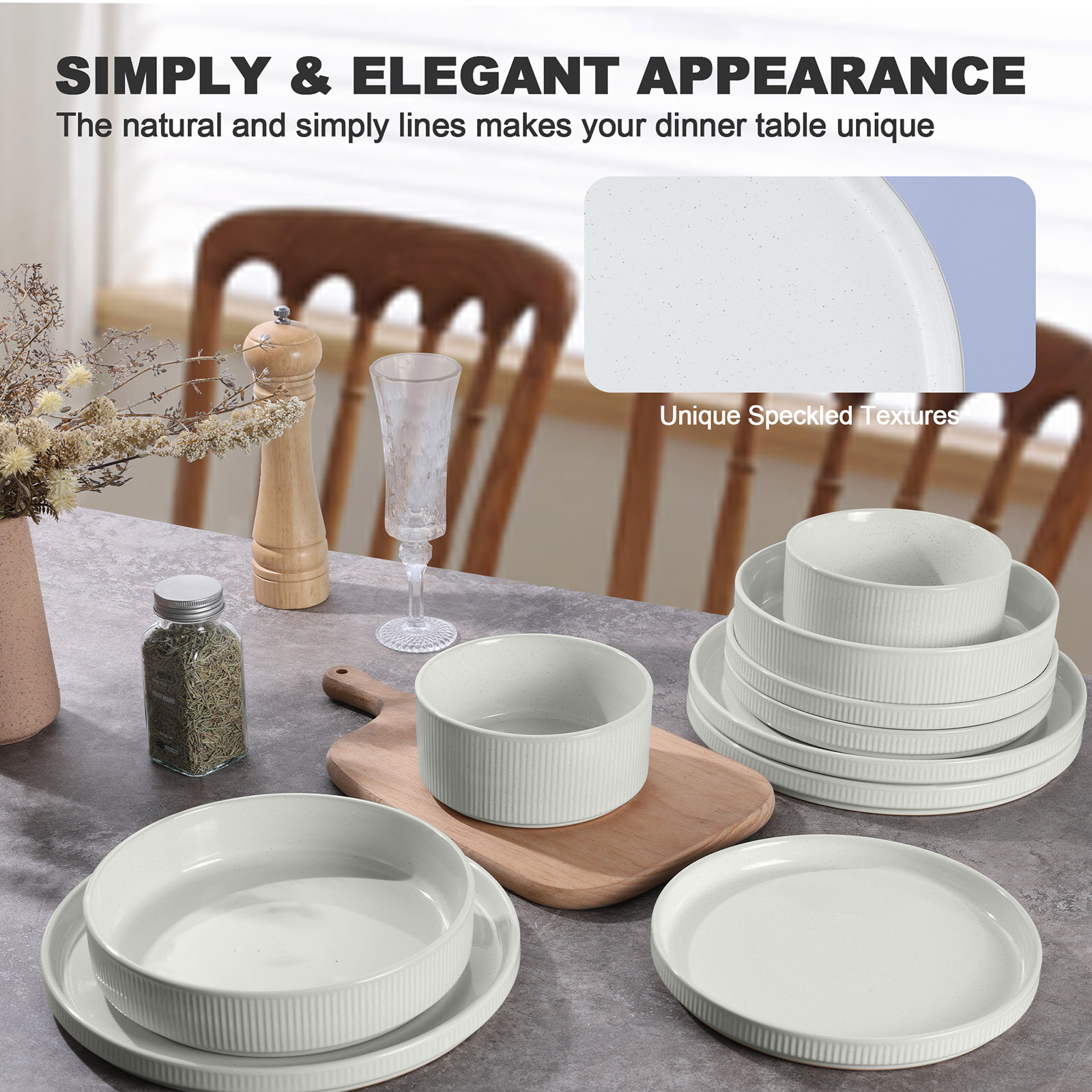 Vesteel 12 Pieces Dinnerware Set for 4, Premium Stoneware Ribbed Dishes, Chip & Scratch Resistant Plates and Bowls Set for Home Restaurant, Microwave and Dishwasher Safe - Speckled White - Image 35