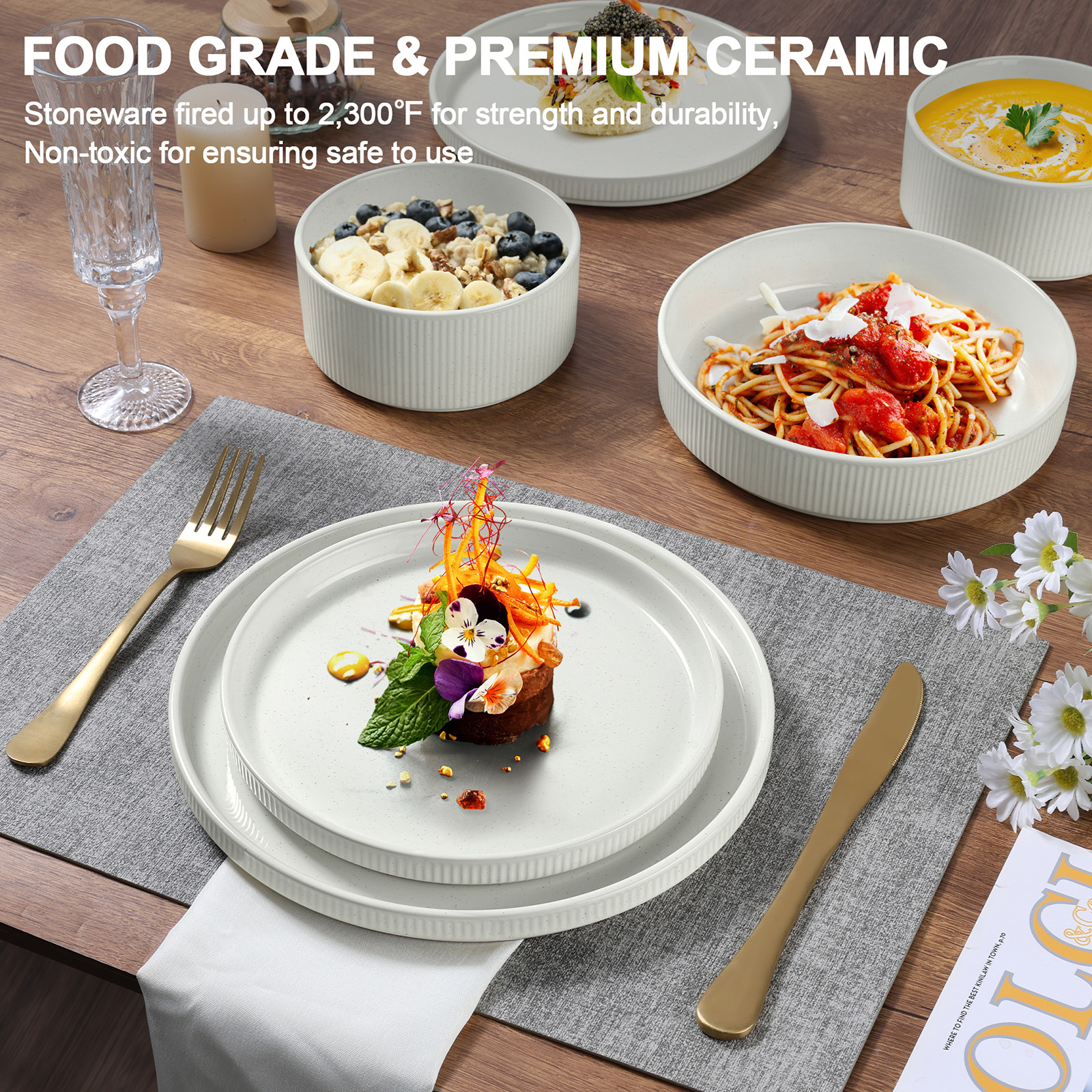 Vesteel 12 Pieces Dinnerware Set for 4, Premium Stoneware Ribbed Dishes, Chip & Scratch Resistant Plates and Bowls Set for Home Restaurant, Microwave and Dishwasher Safe - Speckled White - Image 36