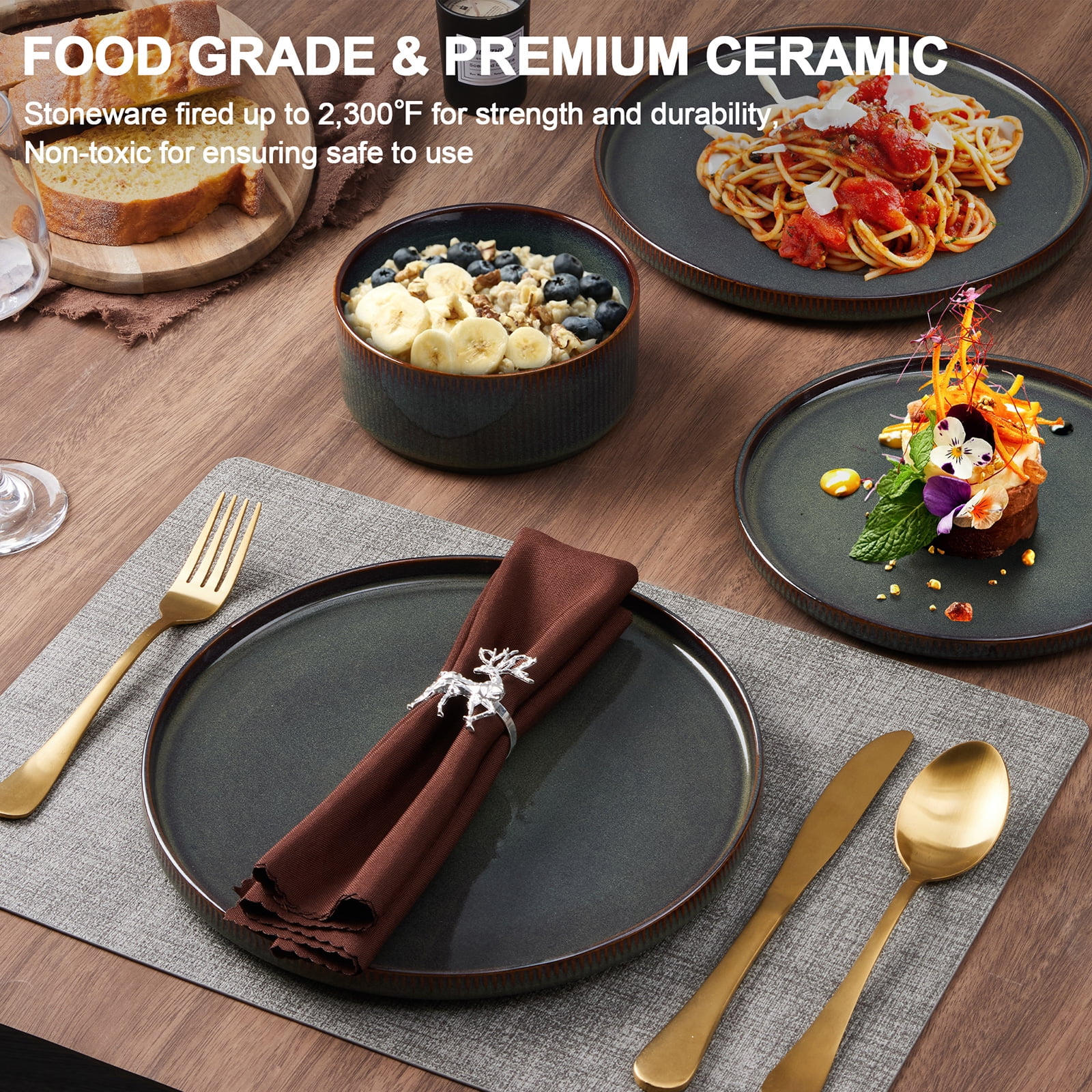 Vesteel 12 Pieces Dinnerware Set for 4, Premium Stoneware Ribbed Dishes, Chip & Scratch Resistant Plates and Bowls Set for Home Restaurant, Microwave and Dishwasher Safe - Speckled White - Image 38