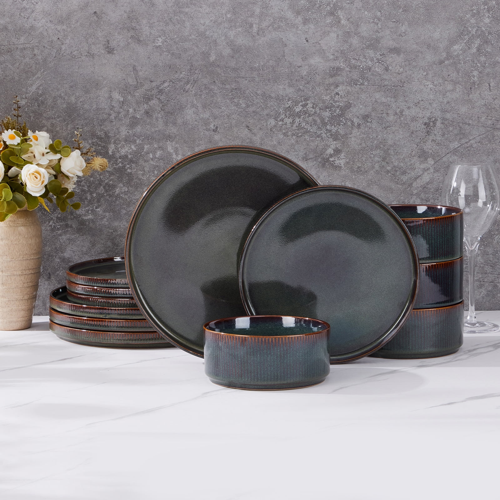 Vesteel 12 Pieces Dinnerware Set for 4, Premium Stoneware Ribbed Dishes, Chip & Scratch Resistant Plates and Bowls Set for Home Restaurant, Microwave and Dishwasher Safe - Speckled White - Image 39