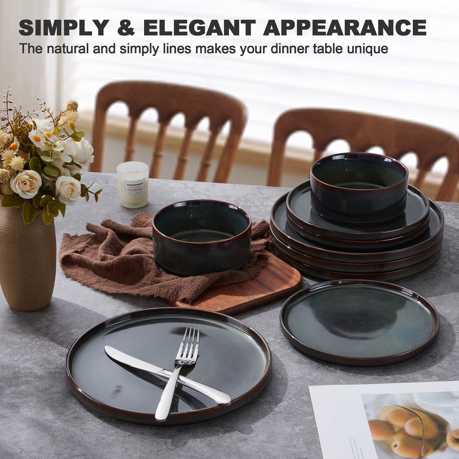 Vesteel 12 Pieces Dinnerware Set for 4, Premium Stoneware Ribbed Dishes, Chip & Scratch Resistant Plates and Bowls Set for Home Restaurant, Microwave and Dishwasher Safe - Speckled White - Image 40