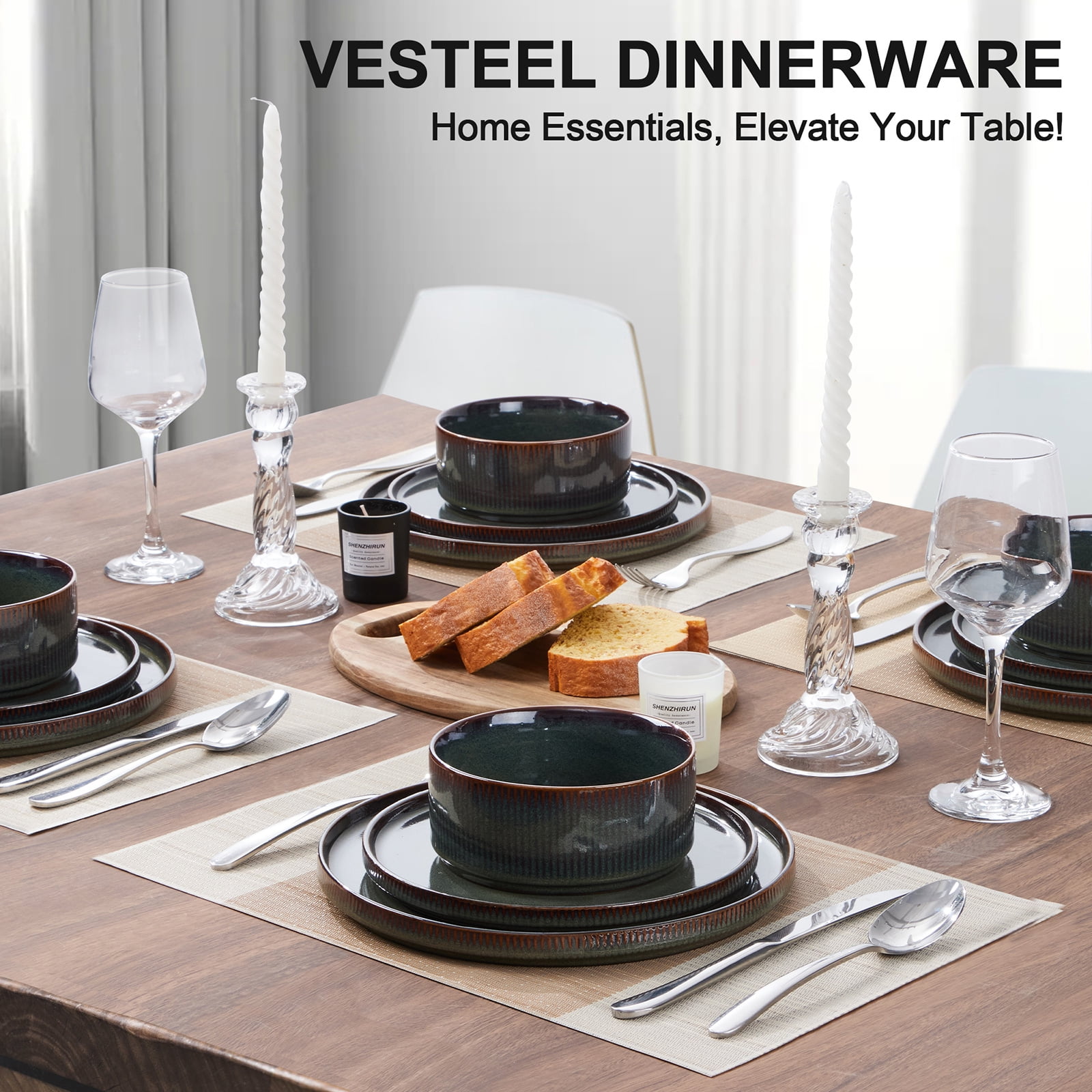 Vesteel 12 Pieces Dinnerware Set for 4, Premium Stoneware Ribbed Dishes, Chip & Scratch Resistant Plates and Bowls Set for Home Restaurant, Microwave and Dishwasher Safe - Speckled White - Image 41
