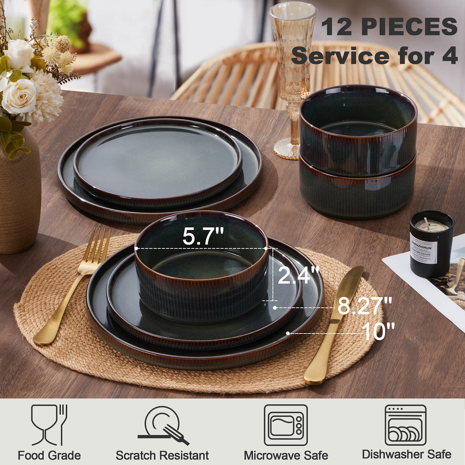 Vesteel 12 Pieces Dinnerware Set for 4, Premium Stoneware Ribbed Dishes, Chip & Scratch Resistant Plates and Bowls Set for Home Restaurant, Microwave and Dishwasher Safe - Speckled White - Image 42