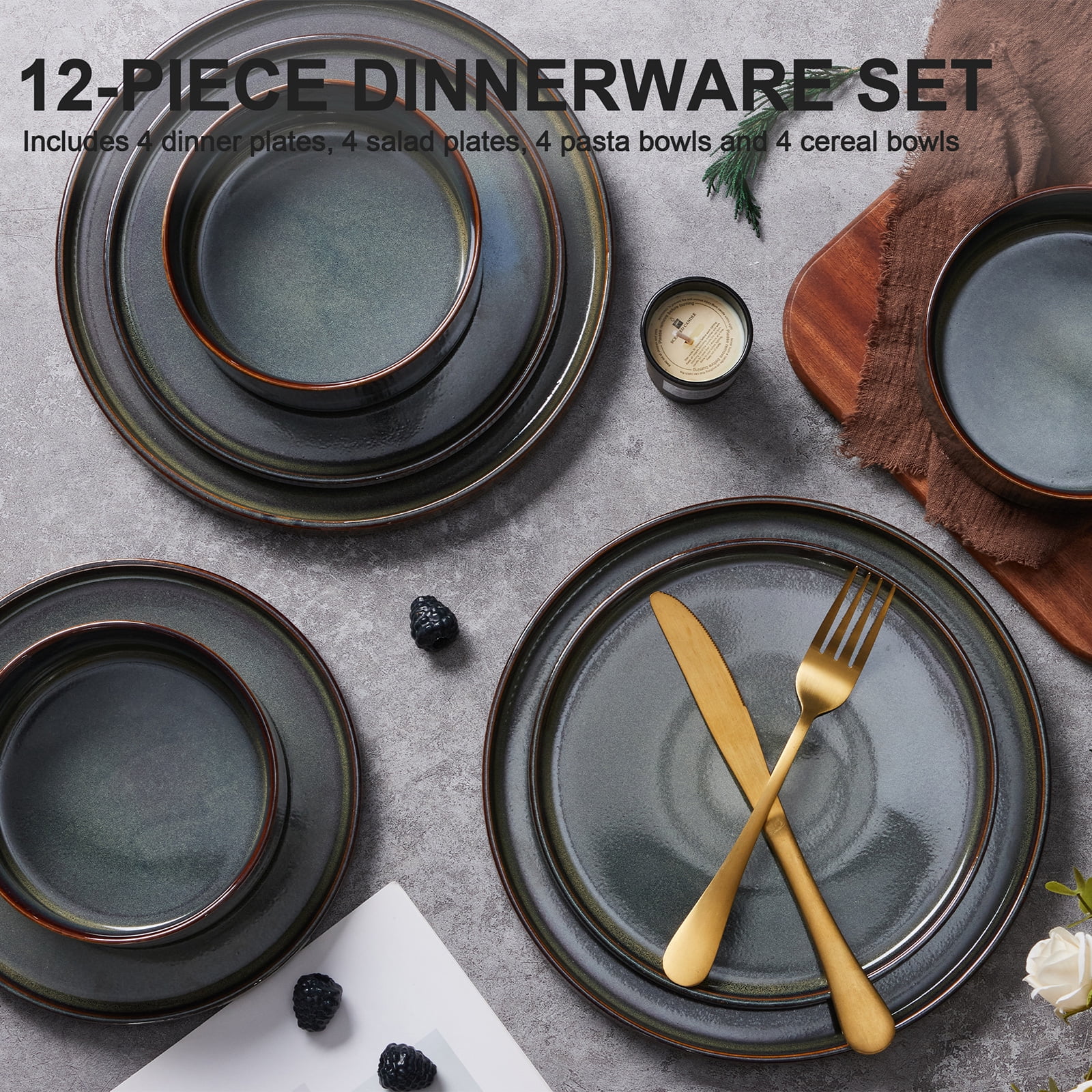 Vesteel 12 Pieces Dinnerware Set for 4, Premium Stoneware Ribbed Dishes, Chip & Scratch Resistant Plates and Bowls Set for Home Restaurant, Microwave and Dishwasher Safe - Speckled White - Image 43