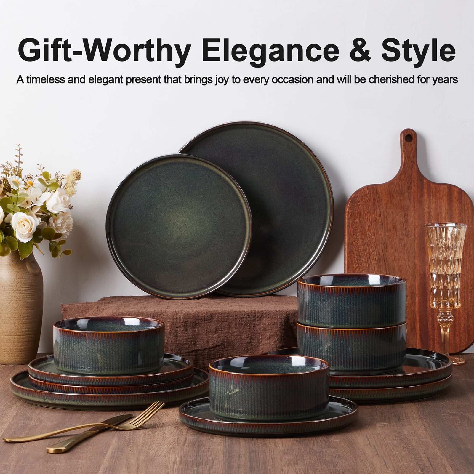 Vesteel 12 Pieces Dinnerware Set for 4, Premium Stoneware Ribbed Dishes, Chip & Scratch Resistant Plates and Bowls Set for Home Restaurant, Microwave and Dishwasher Safe - Speckled White - Image 44