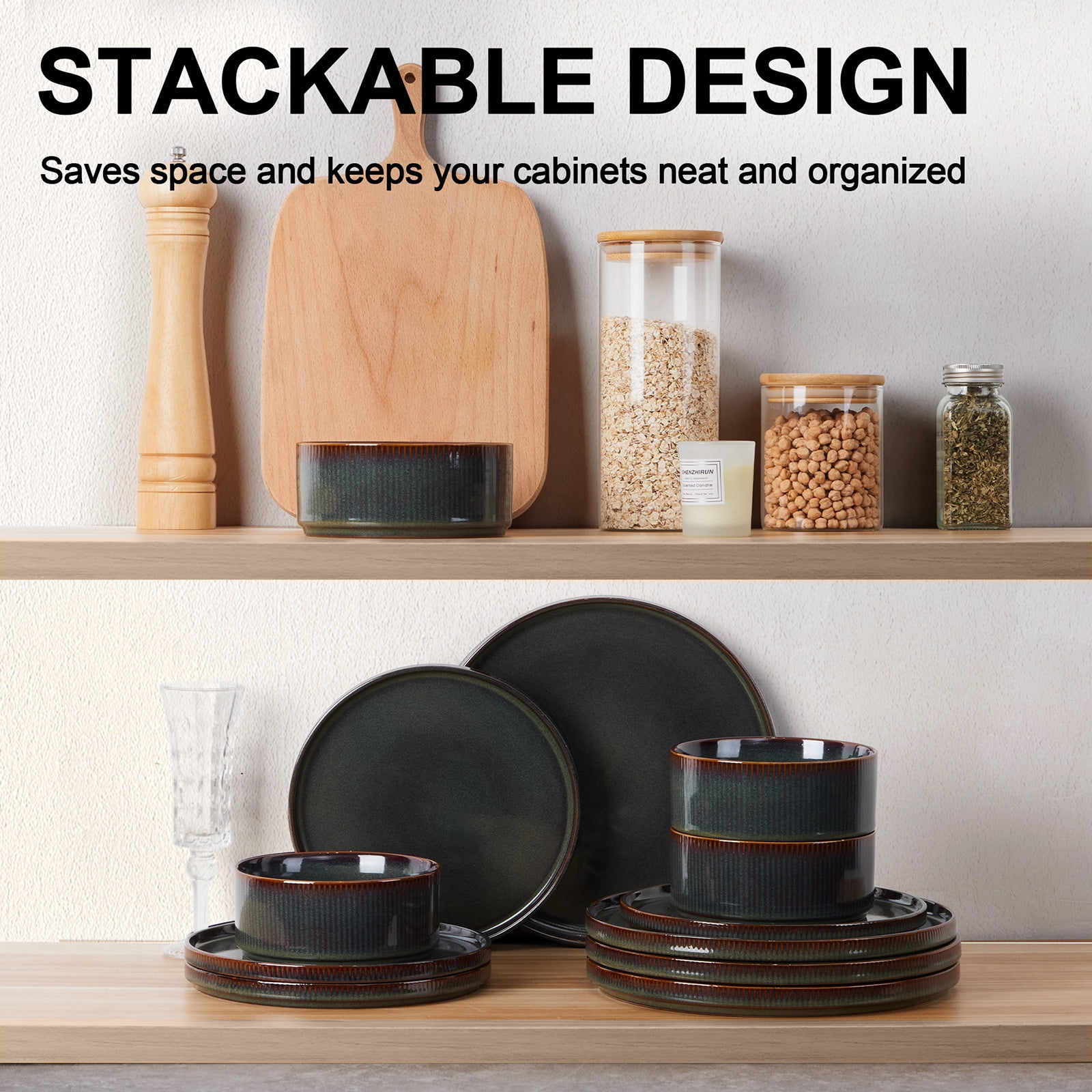 Vesteel 12 Pieces Dinnerware Set for 4, Premium Stoneware Ribbed Dishes, Chip & Scratch Resistant Plates and Bowls Set for Home Restaurant, Microwave and Dishwasher Safe - Speckled White - Image 45