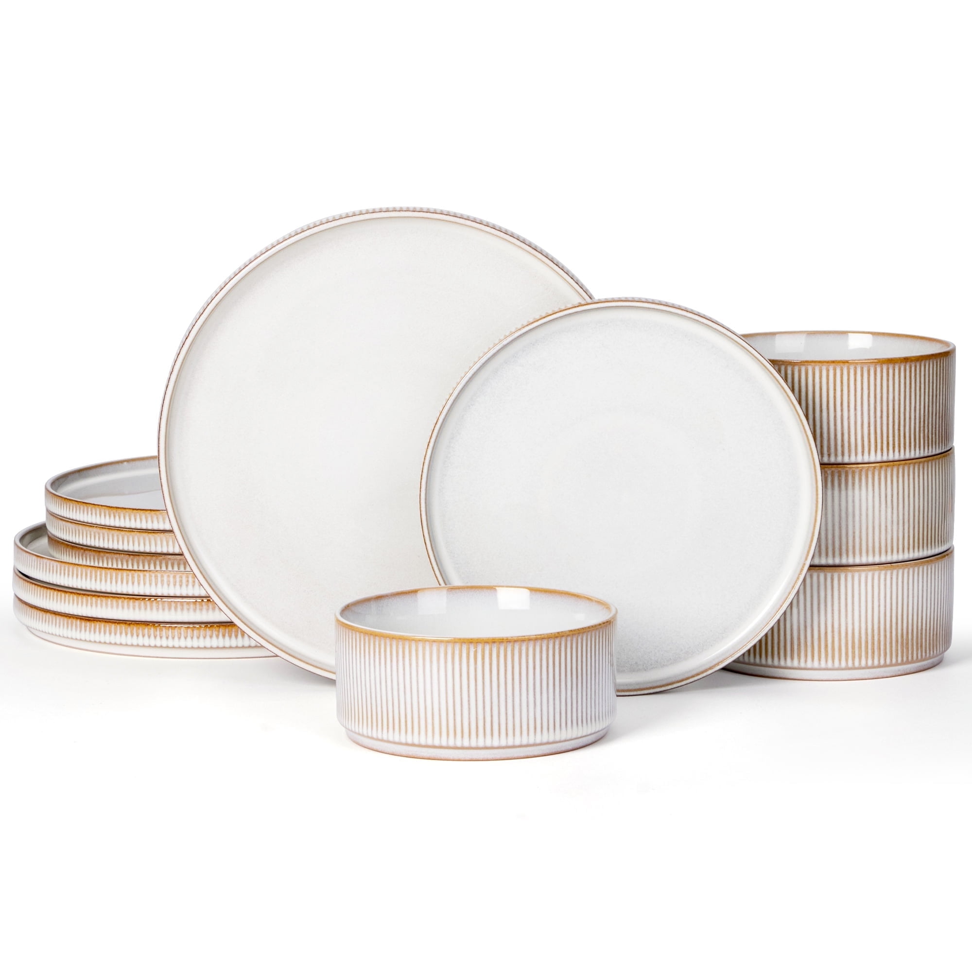 Vesteel 12 Pieces Dinnerware Set for 4, Premium Stoneware Ribbed Dishes, Chip & Scratch Resistant Plates and Bowls Set for Home Restaurant, Microwave and Dishwasher Safe - Speckled White - Image 46