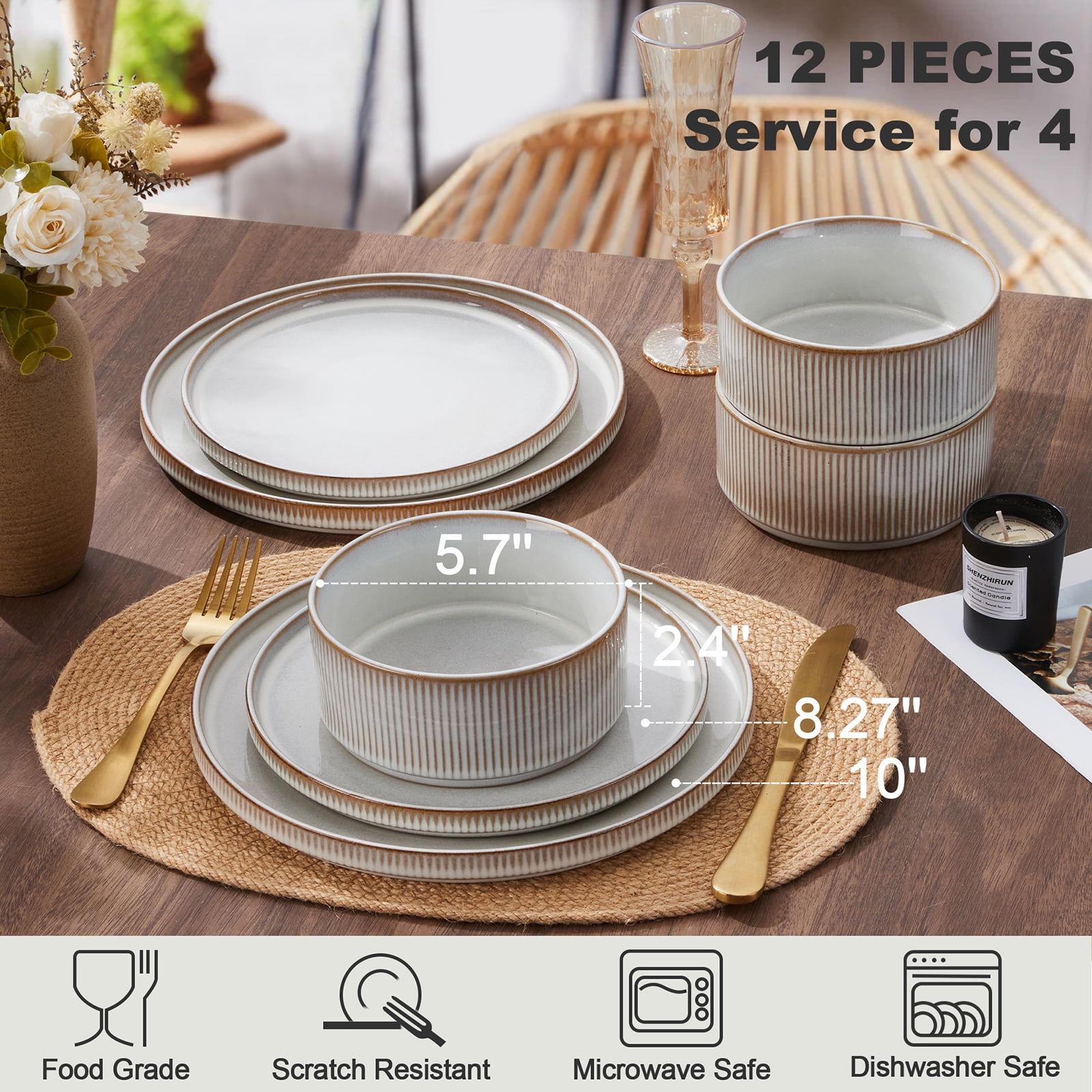 Vesteel 12 Pieces Dinnerware Set for 4, Premium Stoneware Ribbed Dishes, Chip & Scratch Resistant Plates and Bowls Set for Home Restaurant, Microwave and Dishwasher Safe - Speckled White - Image 47