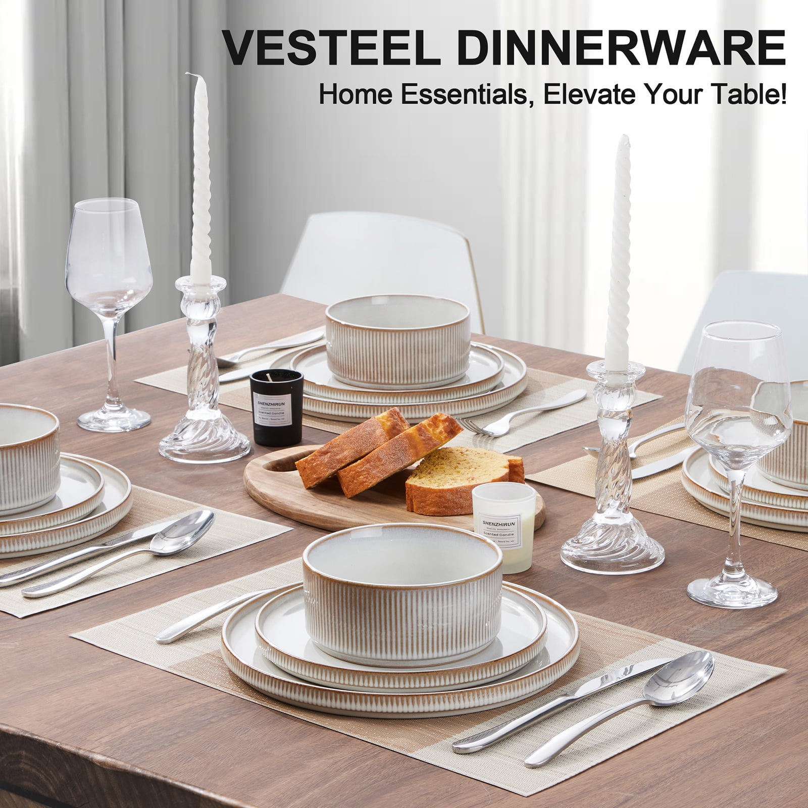 Vesteel 12 Pieces Dinnerware Set for 4, Premium Stoneware Ribbed Dishes, Chip & Scratch Resistant Plates and Bowls Set for Home Restaurant, Microwave and Dishwasher Safe - Speckled White - Image 48