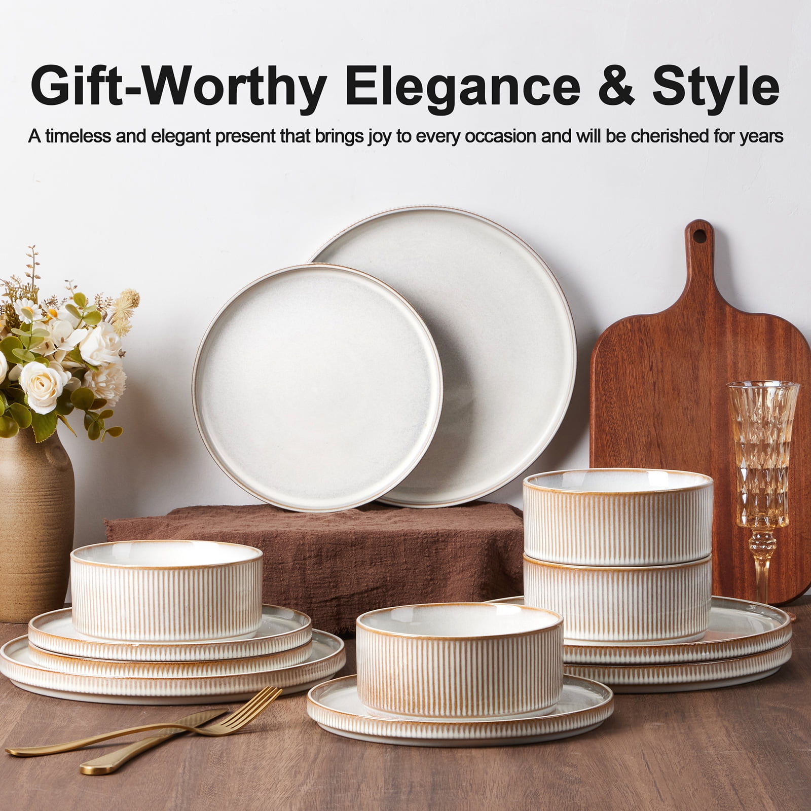 Vesteel 12 Pieces Dinnerware Set for 4, Premium Stoneware Ribbed Dishes, Chip & Scratch Resistant Plates and Bowls Set for Home Restaurant, Microwave and Dishwasher Safe - Speckled White - Image 49