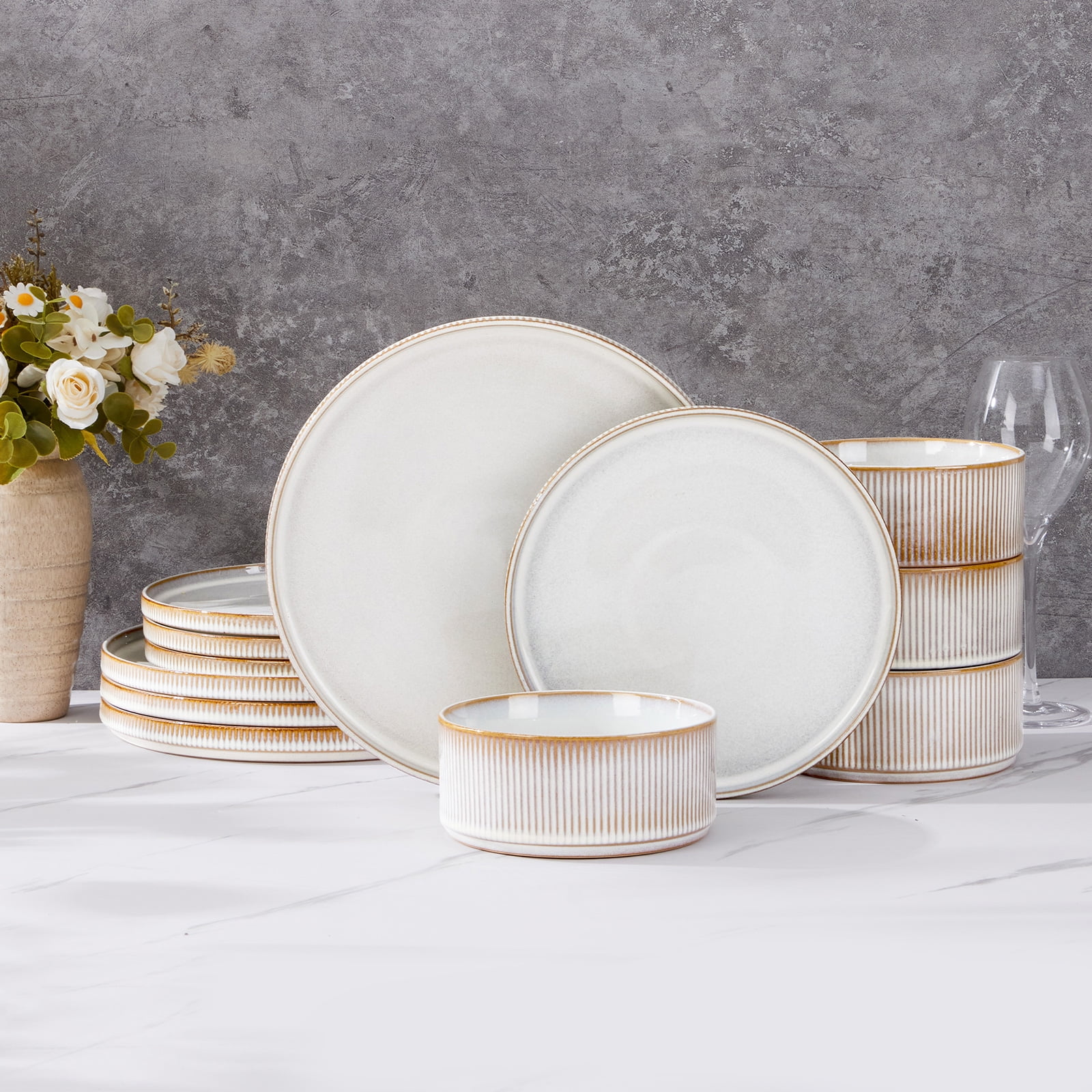 Vesteel 12 Pieces Dinnerware Set for 4, Premium Stoneware Ribbed Dishes, Chip & Scratch Resistant Plates and Bowls Set for Home Restaurant, Microwave and Dishwasher Safe - Speckled White - Image 50