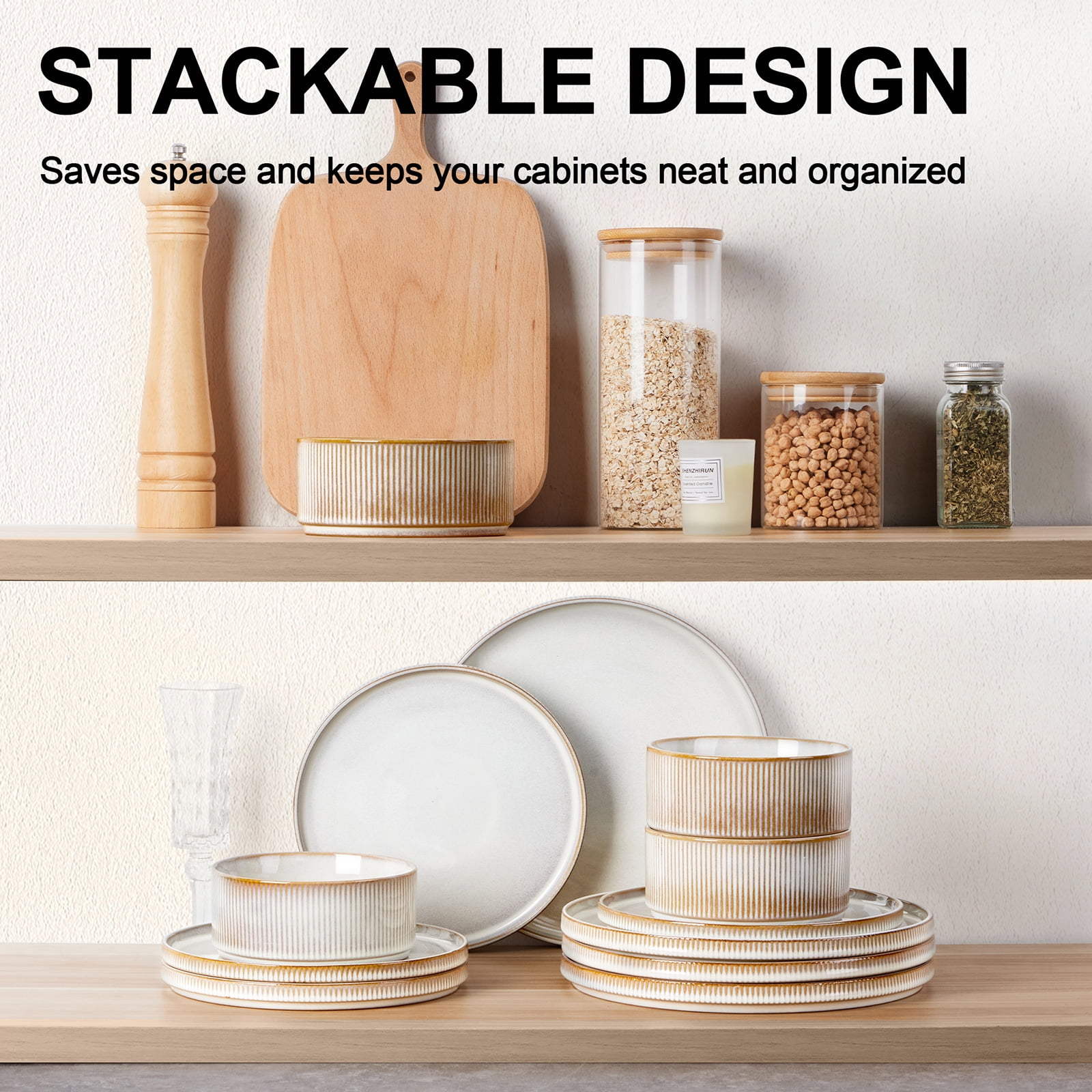 Vesteel 12 Pieces Dinnerware Set for 4, Premium Stoneware Ribbed Dishes, Chip & Scratch Resistant Plates and Bowls Set for Home Restaurant, Microwave and Dishwasher Safe - Speckled White - Image 51