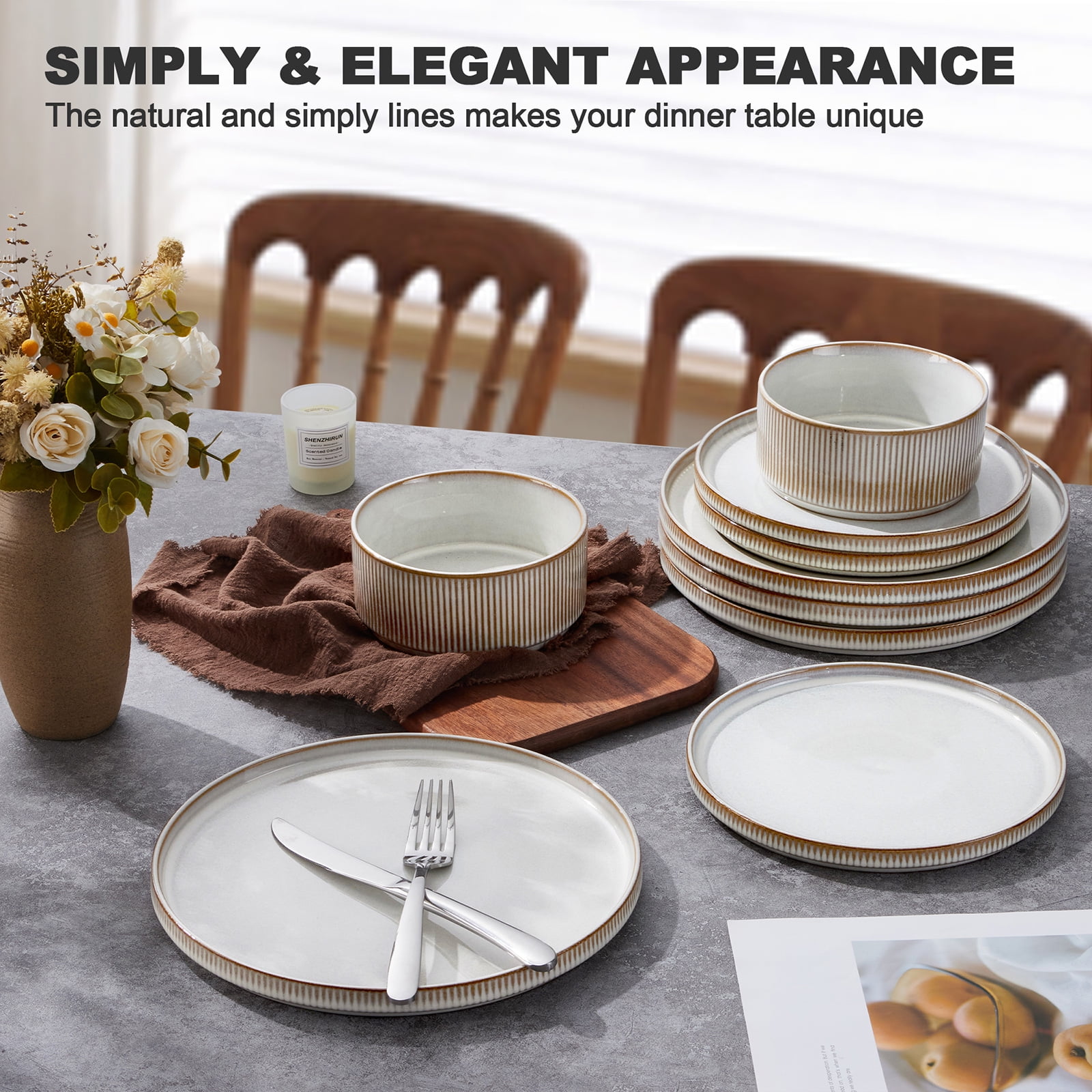 Vesteel 12 Pieces Dinnerware Set for 4, Premium Stoneware Ribbed Dishes, Chip & Scratch Resistant Plates and Bowls Set for Home Restaurant, Microwave and Dishwasher Safe - Speckled White - Image 52