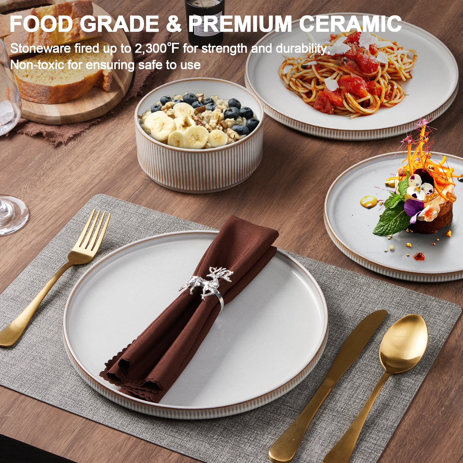 Vesteel 12 Pieces Dinnerware Set for 4, Premium Stoneware Ribbed Dishes, Chip & Scratch Resistant Plates and Bowls Set for Home Restaurant, Microwave and Dishwasher Safe - Speckled White - Image 53