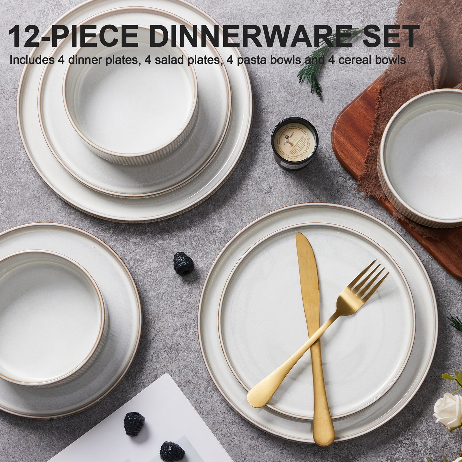 Vesteel 12 Pieces Dinnerware Set for 4, Premium Stoneware Ribbed Dishes, Chip & Scratch Resistant Plates and Bowls Set for Home Restaurant, Microwave and Dishwasher Safe - Speckled White - Image 54