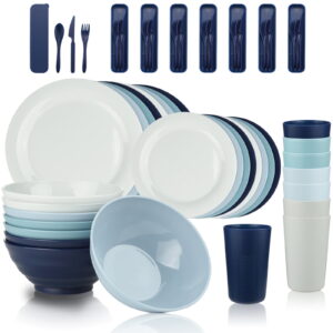 Mirdinner Dinnerware Sets for 8, 40 Packs Plastic BPA-Free Reusable Sala Plates Cups and Bowls with Cutlery Set, Unbreakable Plates and Bowls Sets, for Home & Camping Party, Dishwasher Microwave Safe